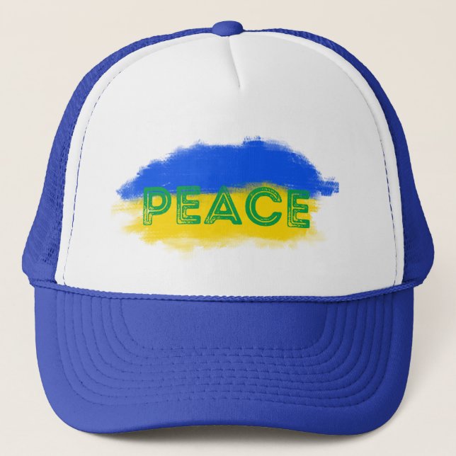 Blue and Yellow Ukraine Inspired Peace No War Trucker Hat (Front)