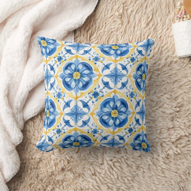  💛💙 Blue and yellow, watercolor floral Azulejos  Throw Pillow (Blanket)