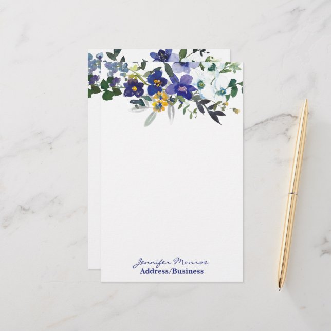 Blue and yellow watercolor flowers personalized stationery (Front/Back In Situ)