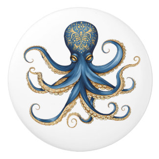 Blue and Yellow Whimsical Octopus Cabinet Drawer Ceramic Knob