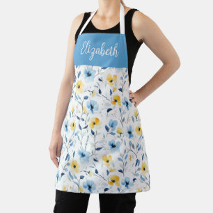 Blue and Yellow Wildflower Pattern Custom Name Apron