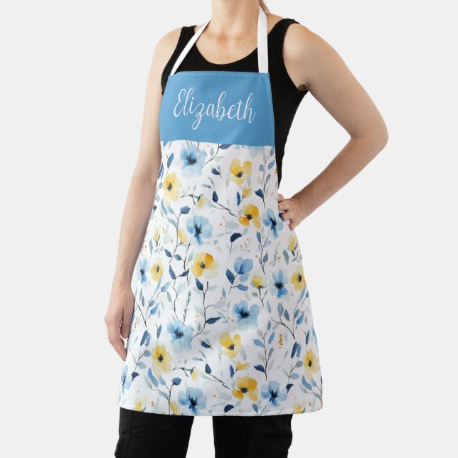Blue and Yellow Wildflower Pattern Custom Name Apron (Insitu)