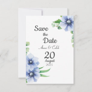 Blue Anemone and Eucalyptus Save the Date Card