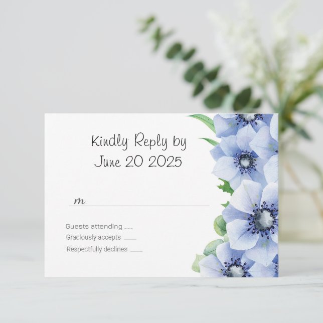 Blue Anemone and Euxalyptus Wedding RSVP Card (Standing Front)
