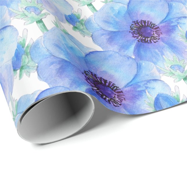 Blue anemone botanical watercolor art wrap wrapping paper (Roll Corner)