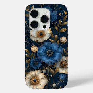 Blue Anemone Floral Gold Design iPhone 15 Pro Case