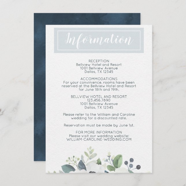 Blue Anemone Floral Wedding Information Details Invitation (Front/Back)