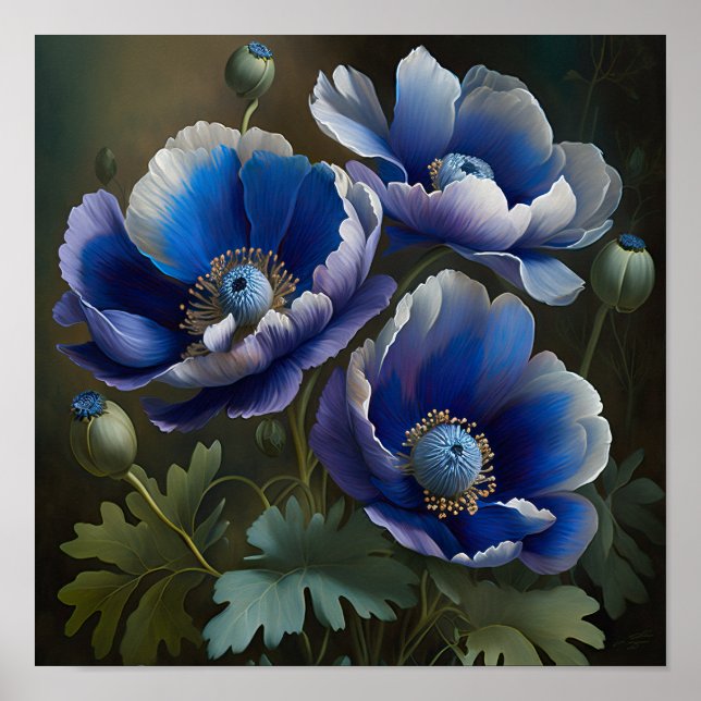 Blue Anemone Flowers Art Print Poster (Front)