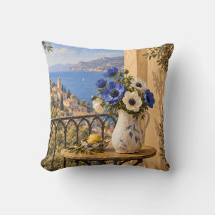 Blue Anemone Vase Sunny Mediterranean Sea Balcony Throw Pillow