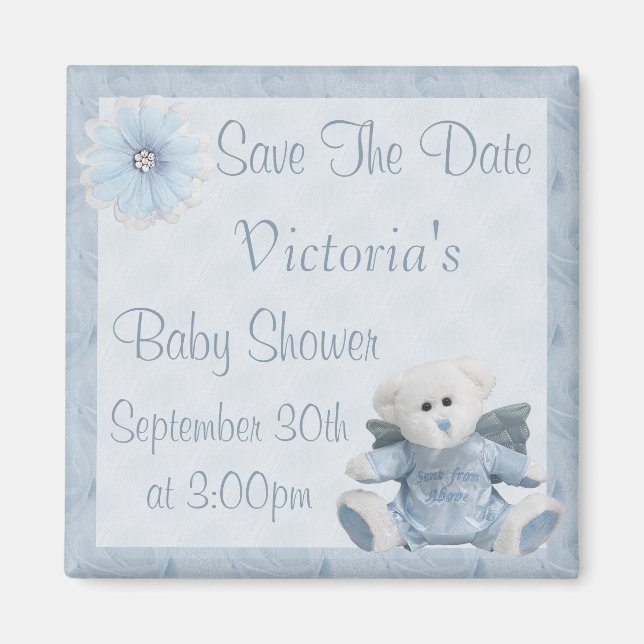 Blue Angel Teddy Bear Save the Date Baby Shower Magnet (Front)