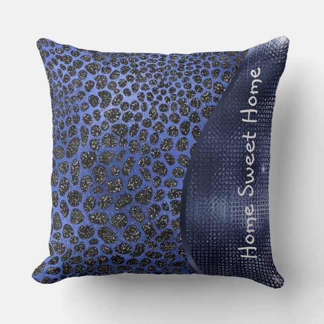 Blue Animal Skin Pattern Glam Glitter Personalized Throw Pillow (Front)