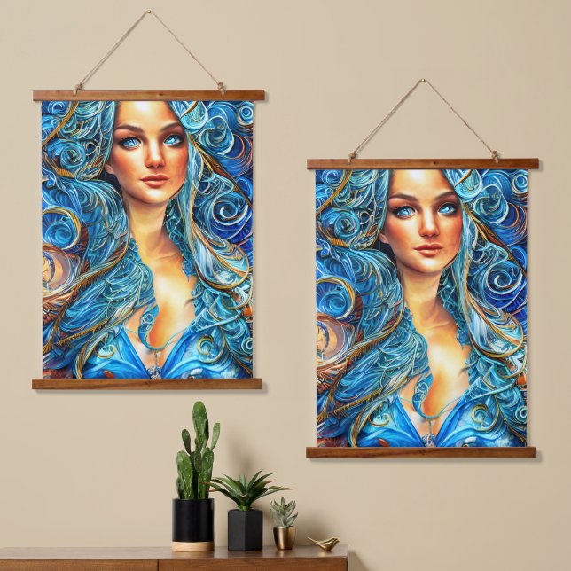 Blue Anime Fantasy Goddess Abstract Surrealism Art Hanging Tapestry (Asymmetrical)