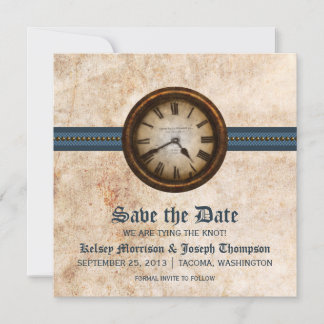 Blue Antique Clock Save the Date Announcement