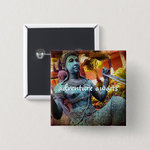 Blue Antique Warrior Statue Adventure Awaits Quote 2 Inch Square Button