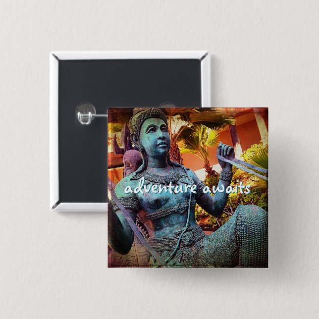 Blue Antique Warrior Statue Adventure Awaits Quote 2 Inch Square Button (Front & Back)