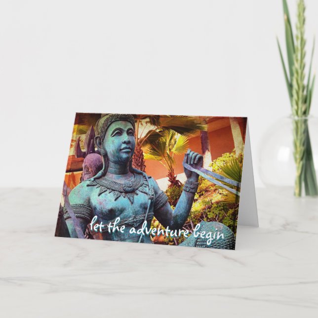 Blue Antique Warrior Statue Let Adventure Begin Card (Front)