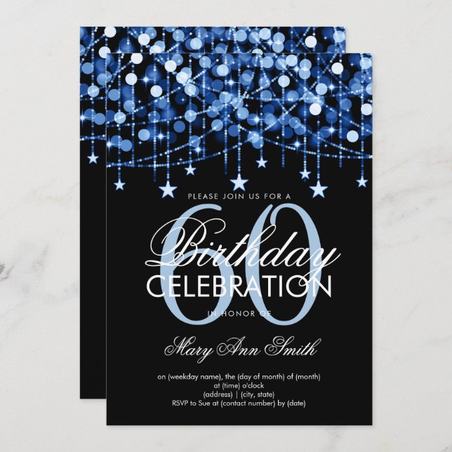 Blue Any Age Birthday String Lights & Stars Invitation (Front/Back)