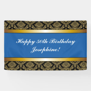 Blue Any Age Gold Damask Birthday Banner
