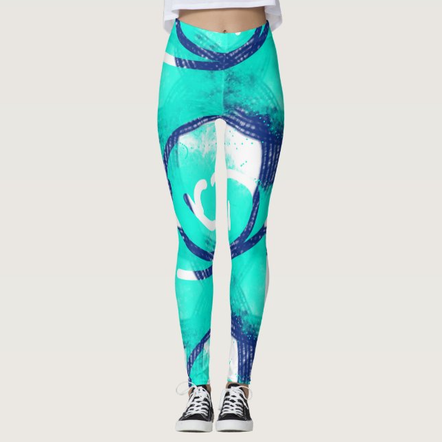 Blue Aqua Abstract Pattern Yoga Leggings (Front)