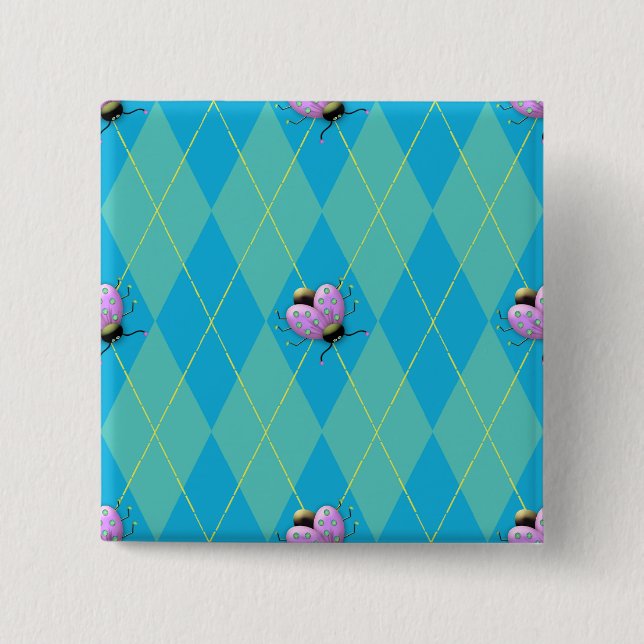 Blue & Aqua Argyle Ladybug 2 Inch Square Button (Front)