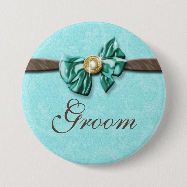 Blue aqua brown gem bow floral 3 inch round button (Front)