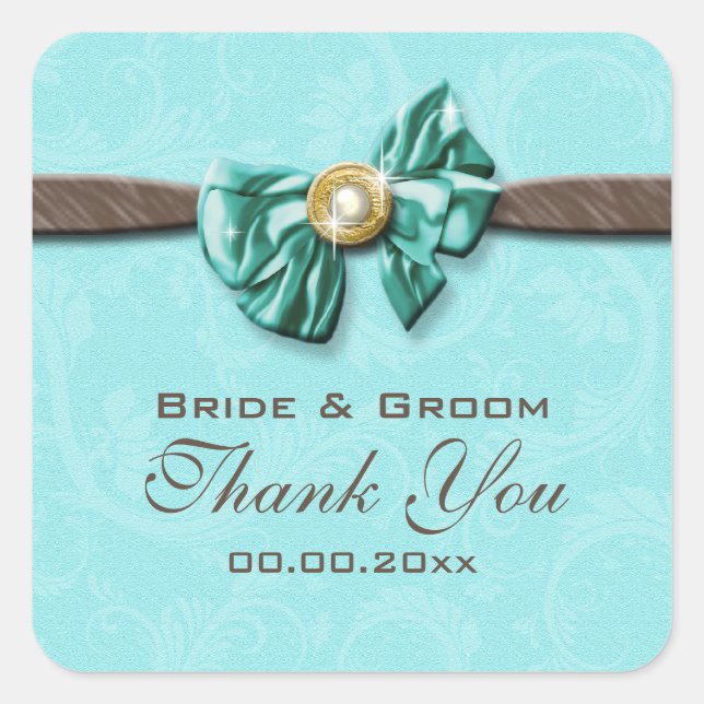 Blue aqua brown gem bow floral square sticker (Front)