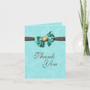 Blue aqua brown gem bow floral thank you card