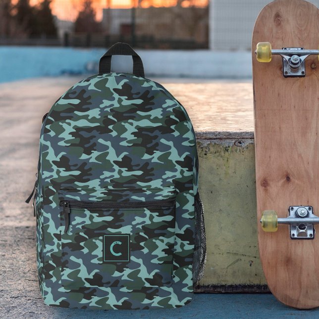 Blue Aqua Camouflage Pattern Monogram Printed Backpack (Creator Uploaded)