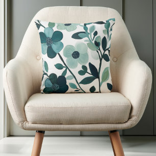 Blue Aqua Floral Vines on White Elegant Design Throw Pillow