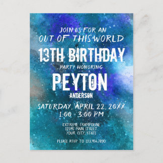 Blue Aqua Galaxy Watercolor Birthday Invite Postcard