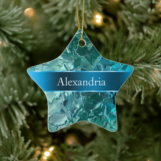 Blue Aqua Glam Glitz Christmas Name Ceramic Ornament (Tree)
