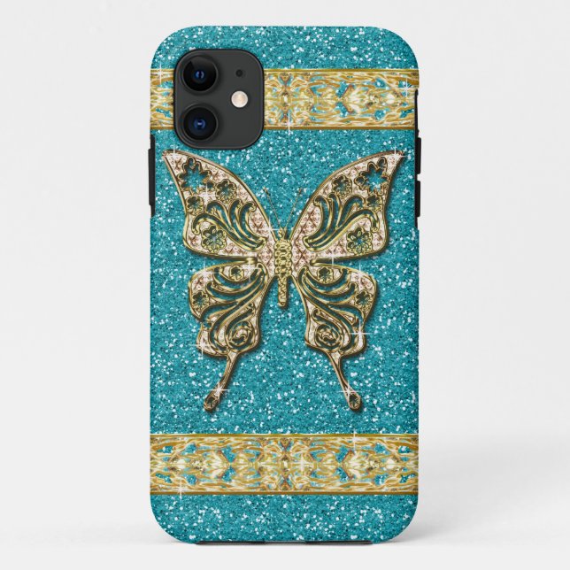 Blue Aqua Glitter Golden Butterfly Case-Mate iPhone Case (Back)