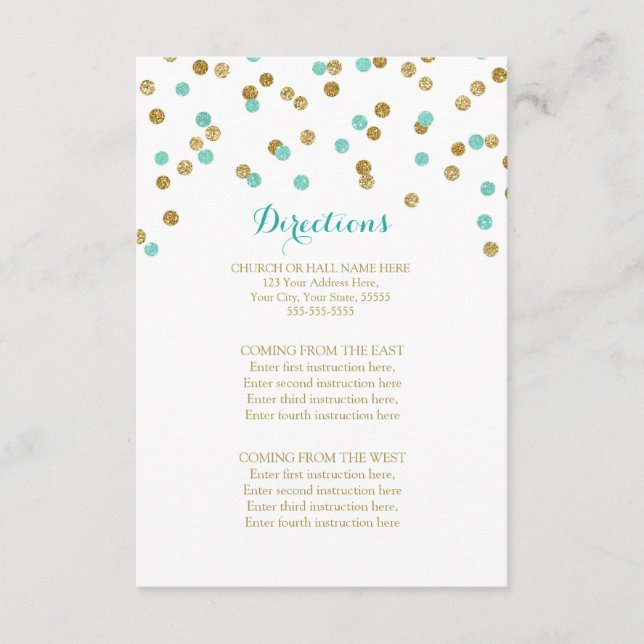 Blue Aqua Gold Confetti Wedding Direction Insert (Front)