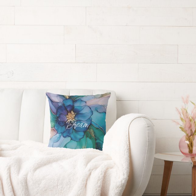 Blue Aqua Gold Floral Throw Pillow (Couch)