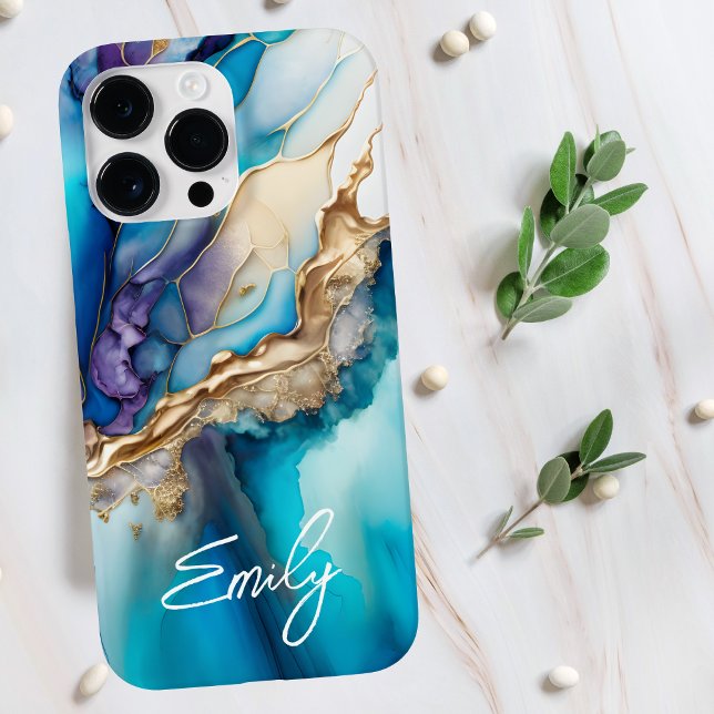 Blue Aqua Gold Marble Script Name Case-Mate iPhone Case (Creator Uploaded)