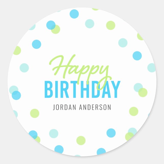 Blue Aqua Green Confetti Happy Birthday Classic Round Sticker (Front)
