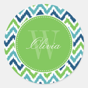 Blue Aqua Green Zigzag Ikat Pattern Monogram Classic Round Sticker