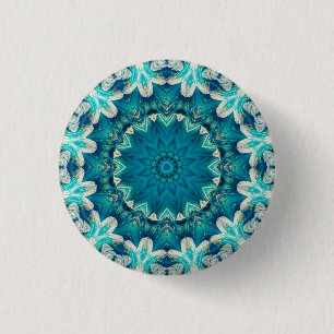 Blue Aqua Mandala Rosette Retro Hippie 1 Inch Round Button