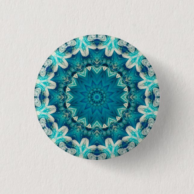 Blue Aqua Mandala Rosette Retro Hippie 1 Inch Round Button (Front)