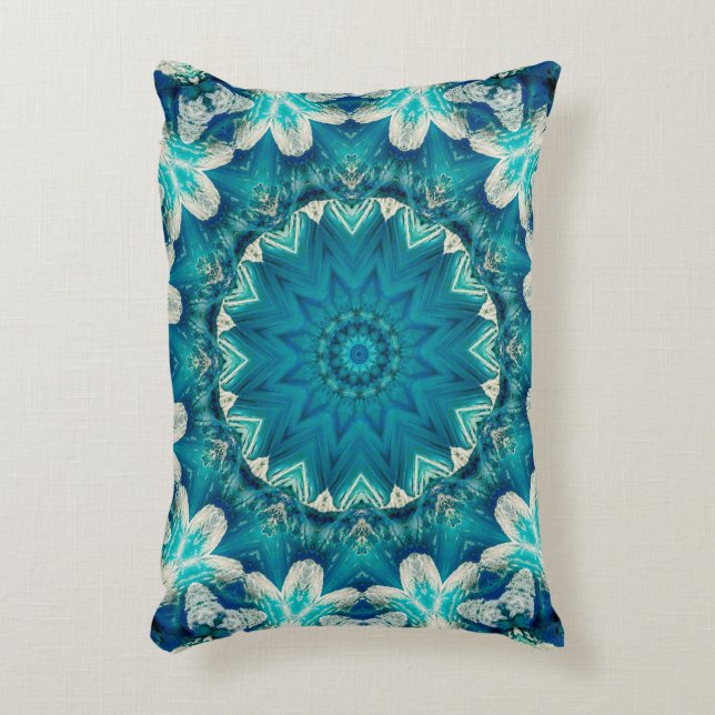 Blue Aqua Mandala Rosette Retro Hippie Accent Pillow (Front(Vertical))