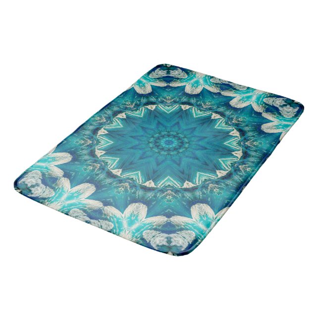 Blue Aqua Mandala Rosette Retro Hippie Bath Mat (Angled)