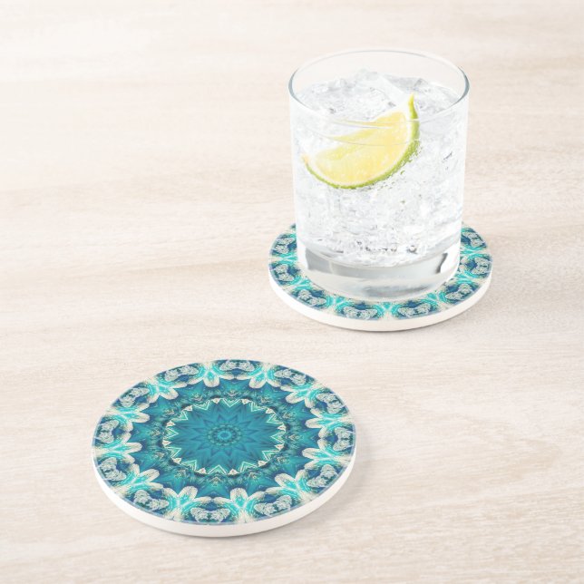 Blue Aqua Mandala Rosette Retro Hippie Coaster (Side)