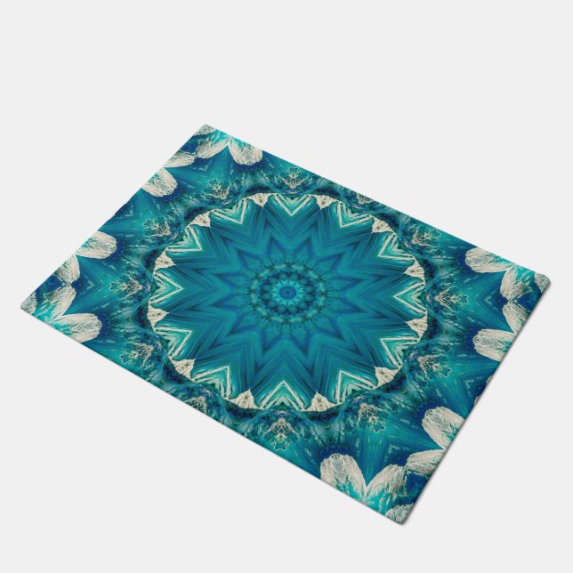 Blue Aqua Mandala Rosette Retro Hippie Doormat (Angled)