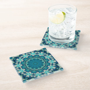 Blue Aqua Mandala Rosette Retro Hippie Glass Coaster
