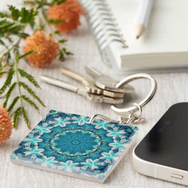 Blue Aqua Mandala Rosette Retro Hippie Keychain (Front Right)
