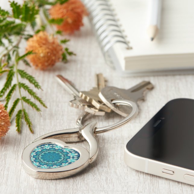 Blue Aqua Mandala Rosette Retro Hippie Keychain (Side)