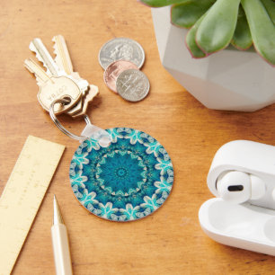Blue Aqua Mandala Rosette Retro Hippie Keychain