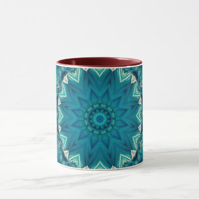Blue Aqua Mandala Rosette Retro Hippie Mug (Center)