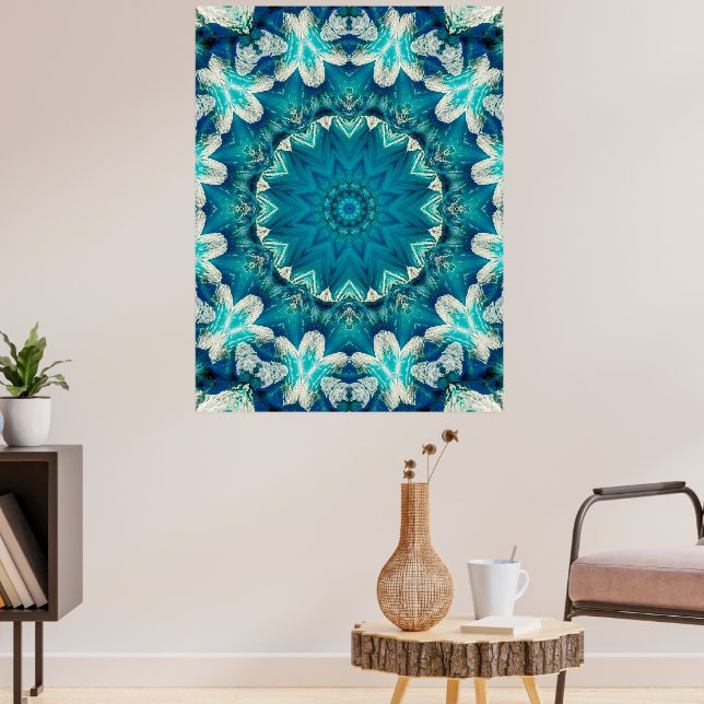 Blue Aqua Mandala Rosette Retro Hippie Poster (Living Room 3)