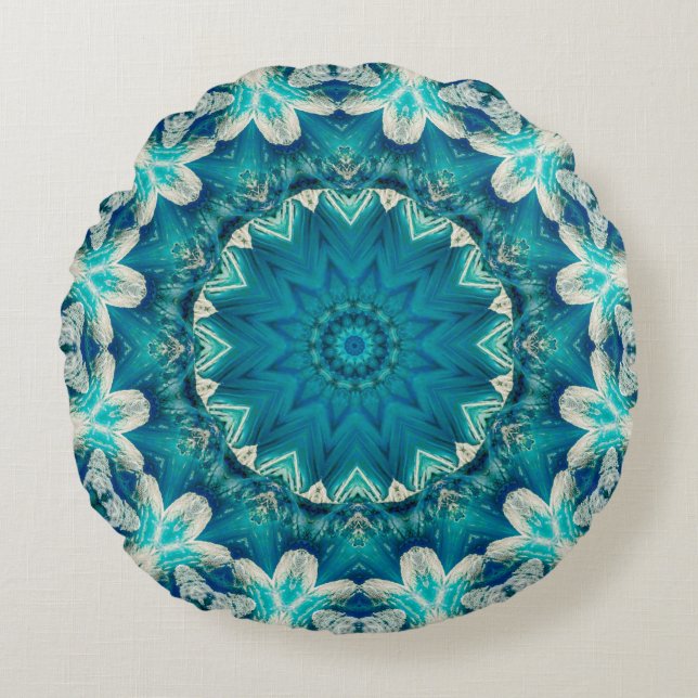 Blue Aqua Mandala Rosette Retro Hippie Round Pillow (Front)